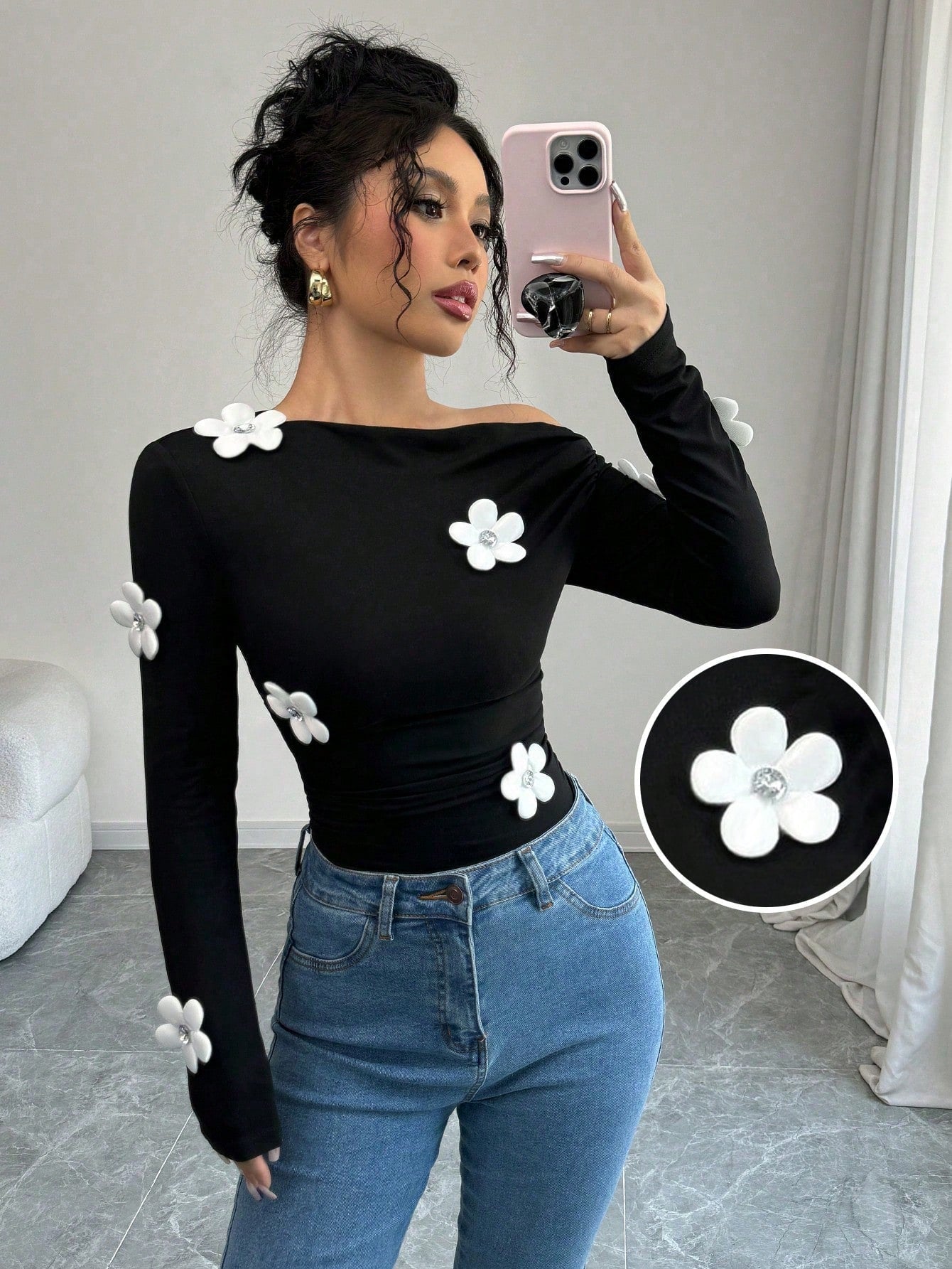 Women's Fashion Floral Print Asymmetrical Shoulder Long Sleeve Tight T-Shirt Graphic Tees Women Tops FD - Negative Apparel