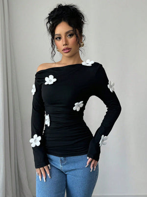 Women's Fashion Floral Print Asymmetrical Shoulder Long Sleeve Tight T-Shirt Graphic Tees Women Tops FD - Negative Apparel