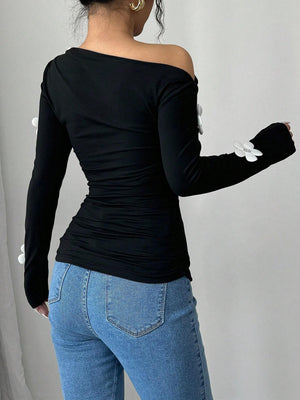 Women's Fashion Floral Print Asymmetrical Shoulder Long Sleeve Tight T-Shirt Graphic Tees Women Tops FD - Negative Apparel
