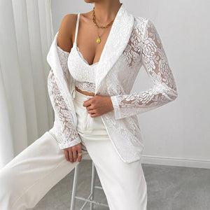 Women's fashion lace embroidery white casual new blazer women - Negative Apparel
