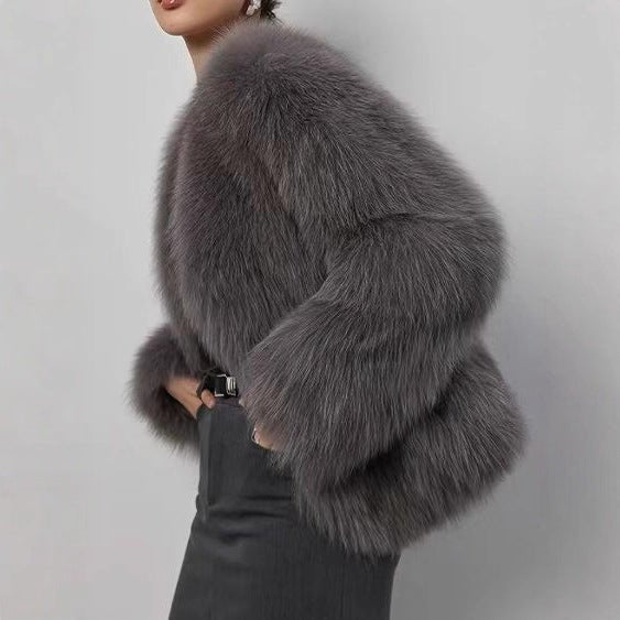 Women’s Faux Fur V - Neck Jacket – Short Fluffy Plush Coat, Fashion Fox Fur Style, Elegant Autumn Winter Outerwear - Negative Apparel