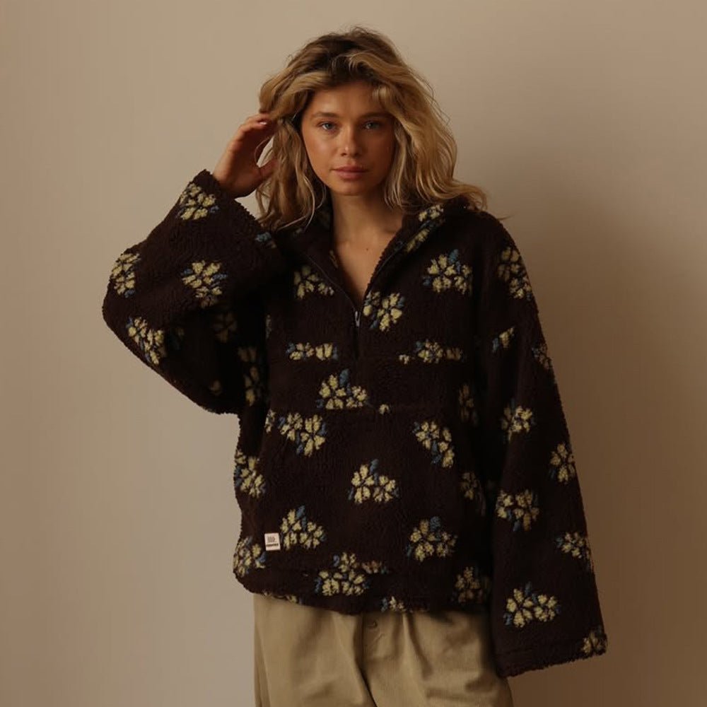 Women’s Floral Fleece Pullover | Trendy Street Style Thick Sweater | Autumn 2025 - Negative Apparel