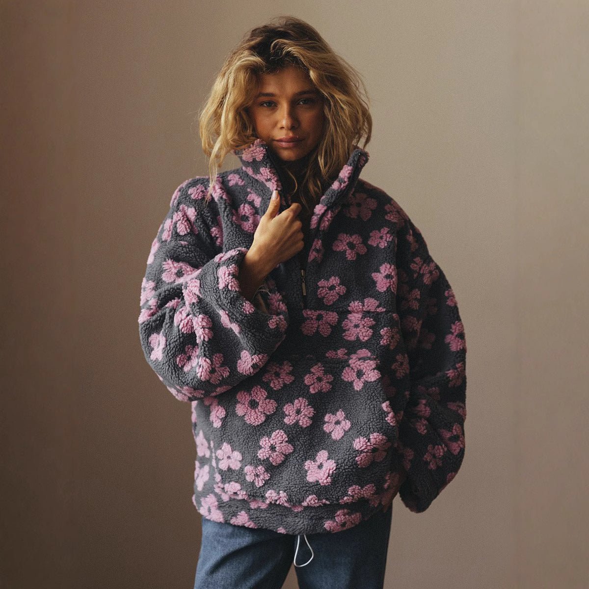 Women’s Floral Fleece Pullover | Trendy Street Style Thick Sweater | Autumn 2025 - Negative Apparel