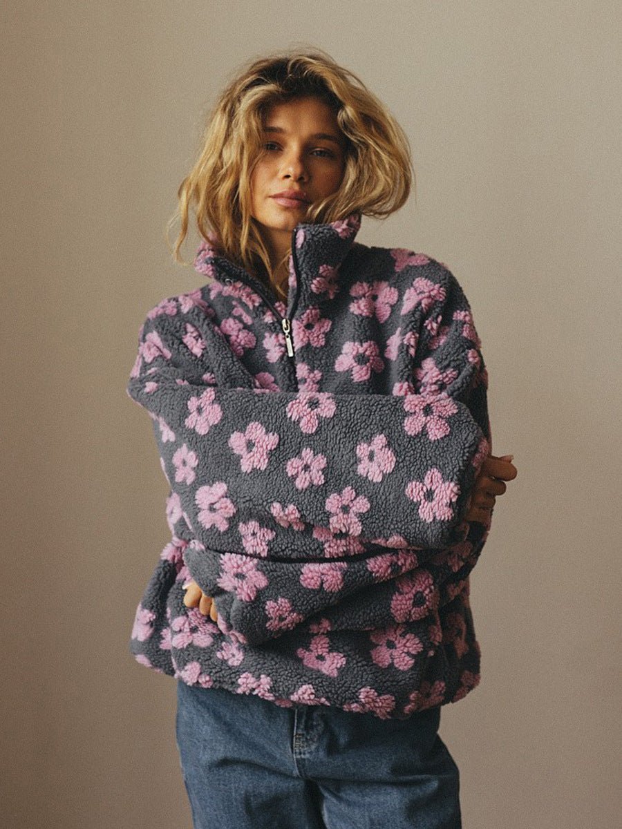 Women’s Floral Fleece Pullover | Trendy Street Style Thick Sweater | Autumn 2025 - Negative Apparel