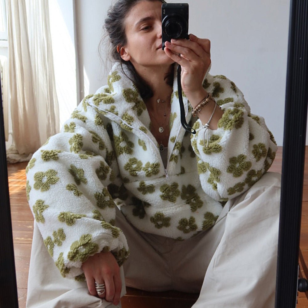 Women’s Floral Fleece Pullover | Trendy Street Style Thick Sweater | Autumn 2025 - Negative Apparel