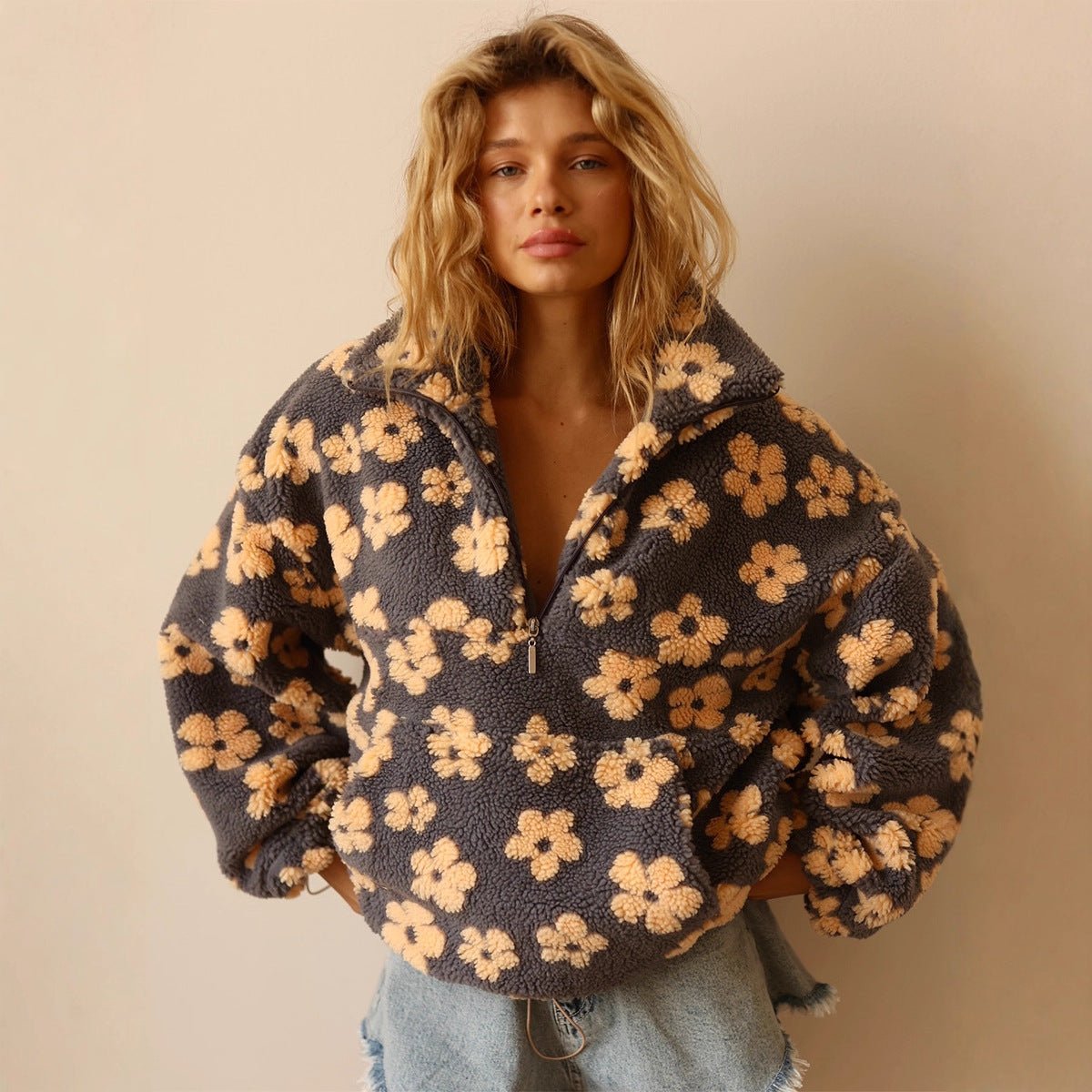 Women’s Floral Fleece Pullover | Trendy Street Style Thick Sweater | Autumn 2025 - Negative Apparel