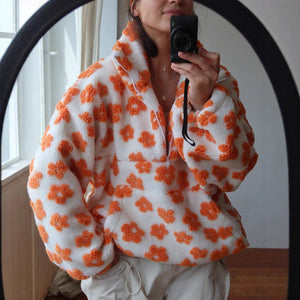 Women’s Floral Fleece Pullover | Trendy Street Style Thick Sweater | Autumn 2025 - Negative Apparel
