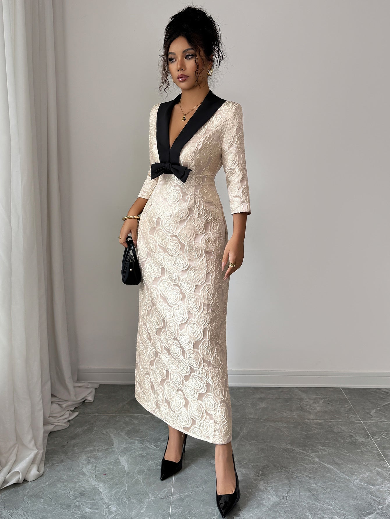Women’s Floral Print Deep V - Neck Long Dress | Elegant High - Waist A - Line – Winters 2025 - Negative Apparel