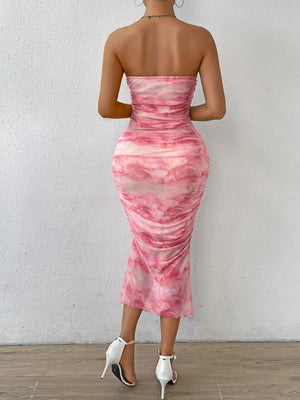 Women's Floral Printed Ruffle Design Bodycon Strapless Dress Maxi Women Outfit - Negative Apparel