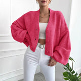 Women’s Flower Clip V - Neck Lantern Sleeve Cardigan Sweater – Thick Loose Fit Retro Knitwear, Autumn 2025 Collection - Negative Apparel