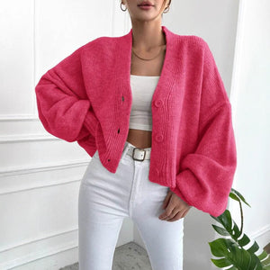 Women’s Flower Clip V - Neck Lantern Sleeve Cardigan Sweater – Thick Loose Fit Retro Knitwear, Autumn 2025 Collection - Negative Apparel