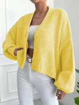 Women’s Flower Clip V - Neck Lantern Sleeve Cardigan Sweater – Thick Loose Fit Retro Knitwear, Autumn 2025 Collection - Negative Apparel
