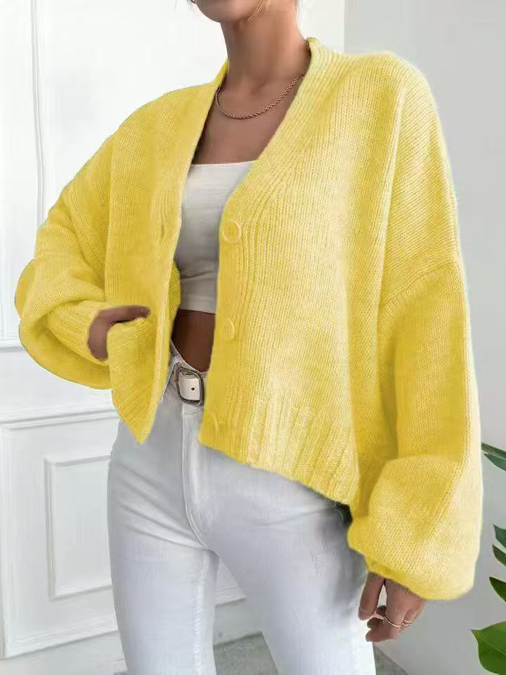 Women’s Flower Clip V - Neck Lantern Sleeve Cardigan Sweater – Thick Loose Fit Retro Knitwear, Autumn 2025 Collection - Negative Apparel