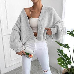 Women’s Flower Clip V - Neck Lantern Sleeve Cardigan Sweater – Thick Loose Fit Retro Knitwear, Autumn 2025 Collection - Negative Apparel