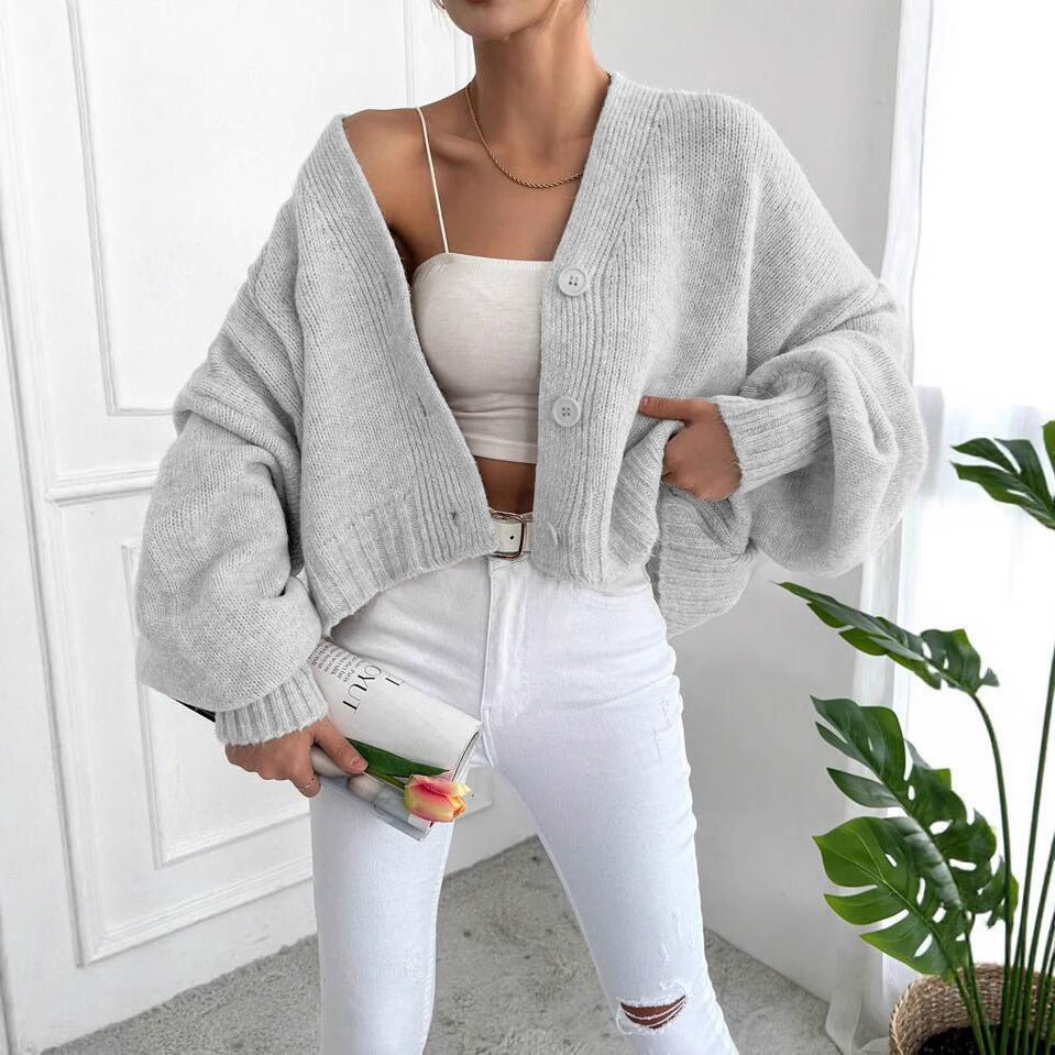 Women’s Flower Clip V - Neck Lantern Sleeve Cardigan Sweater – Thick Loose Fit Retro Knitwear, Autumn 2025 Collection - Negative Apparel
