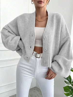 Women’s Flower Clip V - Neck Lantern Sleeve Cardigan Sweater – Thick Loose Fit Retro Knitwear, Autumn 2025 Collection - Negative Apparel