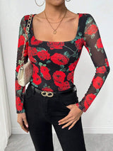 Women's French romantic rose flower mesh printing sexy U - neck T-shirt - Negative Apparel