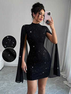 Women's Glitter Print Gorgeous Stand Collar Lantern Sleeve Bodycon Dress - Negative Apparel