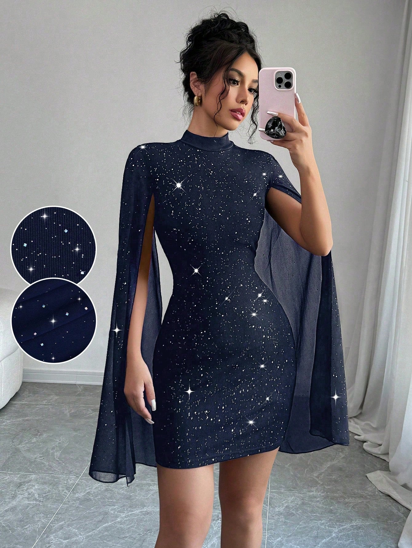 Women's Glitter Print Gorgeous Stand Collar Lantern Sleeve Bodycon Dress - Negative Apparel