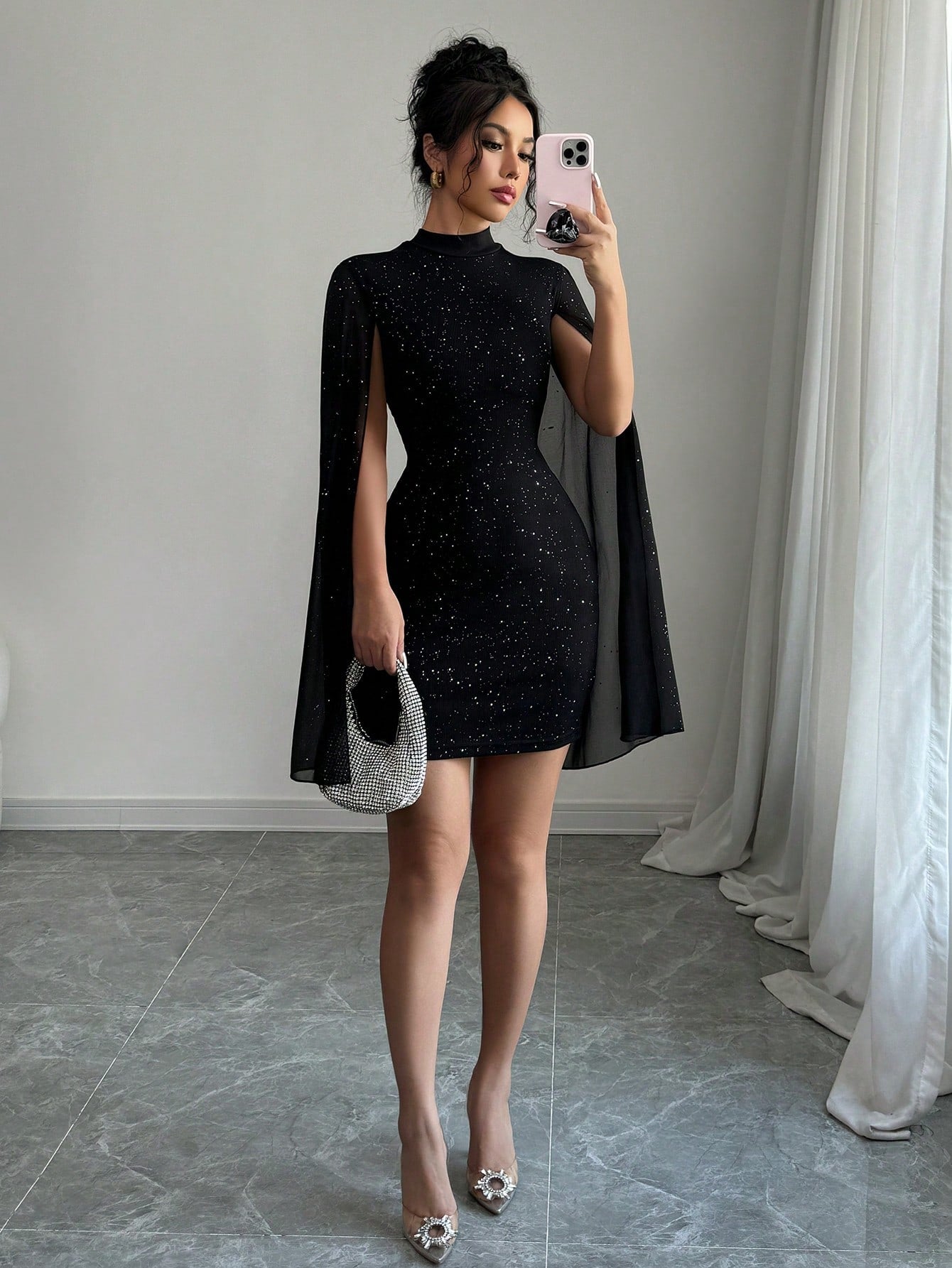 Women's Glitter Print Gorgeous Stand Collar Lantern Sleeve Bodycon Dress - Negative Apparel