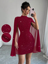 Women's Glitter Print Gorgeous Stand Collar Lantern Sleeve Bodycon Dress - Negative Apparel