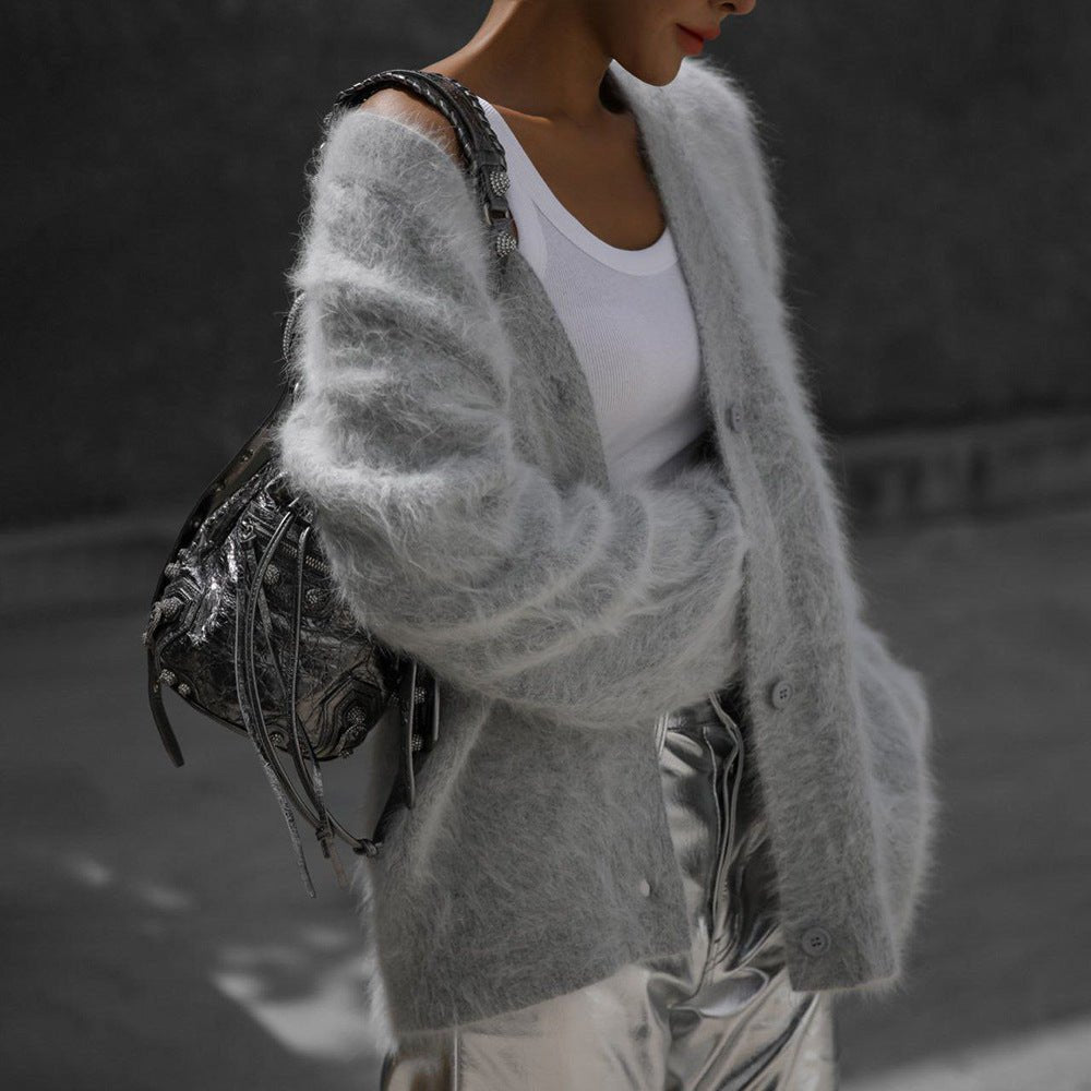 Women’s Gold Mink V - Neck Cardigan | Soft Nylon Retro Sweater | Loose Fit Button Front | Autumn 2023 Fashion - Negative Apparel