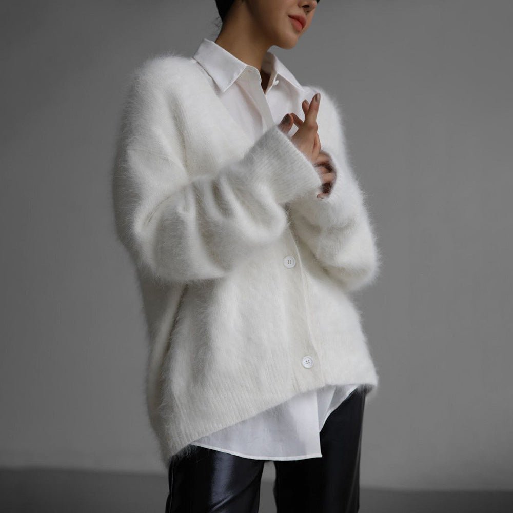 Women’s Gold Mink V - Neck Cardigan | Soft Nylon Retro Sweater | Loose Fit Button Front | Autumn 2023 Fashion - Negative Apparel