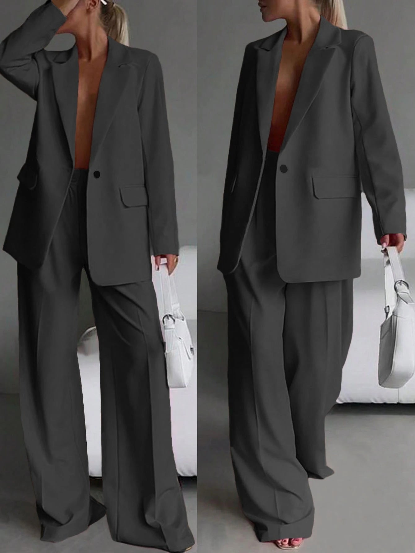 Women's Gray Suit, Elegant, Suitable For Office Work, High - End Quality, Interview, Business, New Arrival, Loose Fit, Versatile & Comfortable, Casual Suit, Pants FD - Negative Apparel