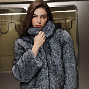 Women’s Grey Faux Fur Lapel Jacket – Short Plush Coat with Imitation Fur Collar - Negative Apparel
