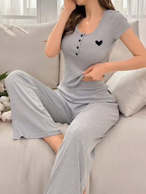 Women's Heart Embroidery Button Down Half Placket Homewear Set - Negative Apparel