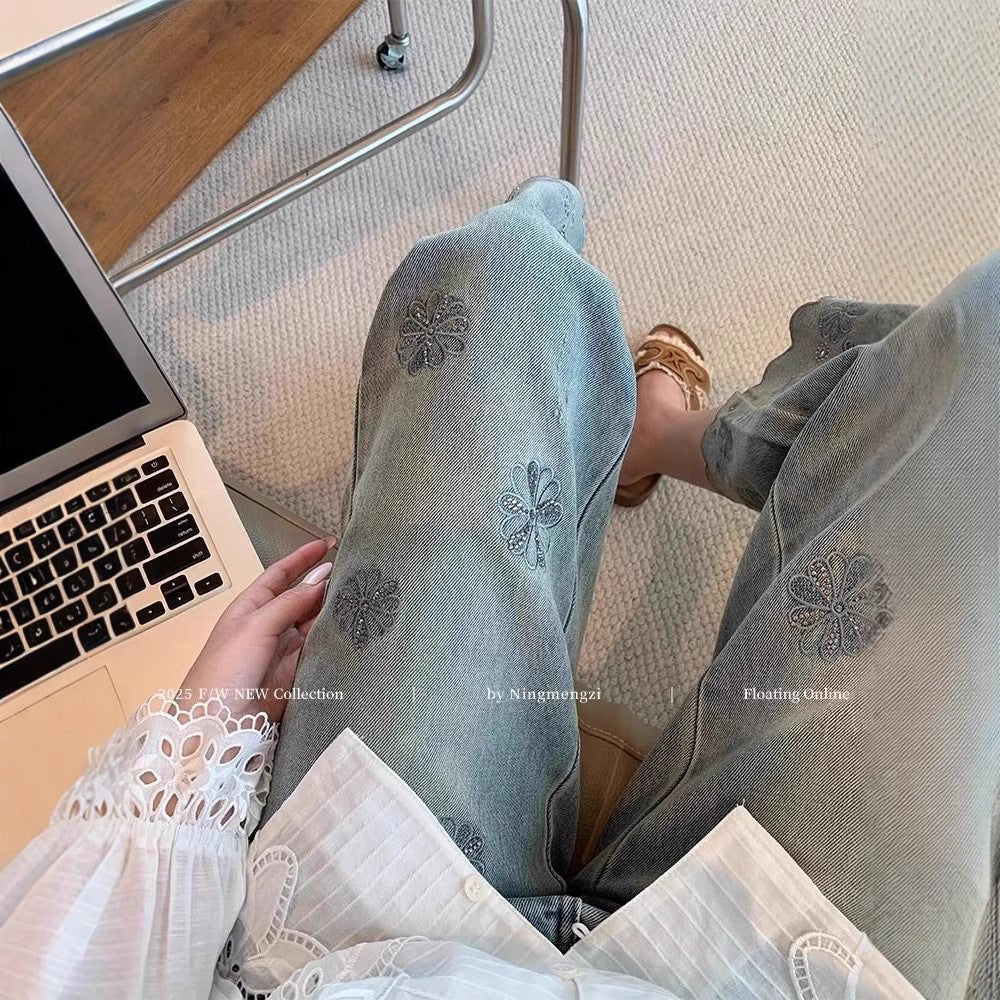 Women’s High - Waist Blue Denim Jeans – Embroidered Straight - Leg Nine - Point Pants | Spring 2025 Royal Sister Style | Micro Stretch Cotton Denim - Negative Apparel