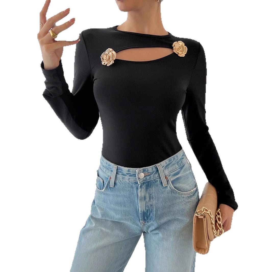 Women's hollow rose metal decoration black tight long - sleeved T-shirt top - Negative Apparel