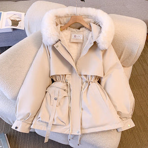 Women’s Hooded Cotton Coat with Faux Fur Collar – Slim Fit Winter Jacket | Medium - Long Japanese & Korean Casual Style - Negative Apparel