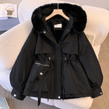 Women’s Hooded Cotton Coat with Faux Fur Collar – Slim Fit Winter Jacket | Medium - Long Japanese & Korean Casual Style - Negative Apparel