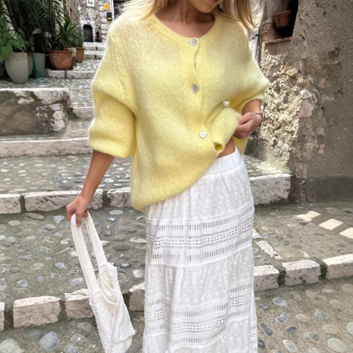 Women’s Ice Cream Color Mohair Cardigan | Soft Pastel Knit Sweater | Korean Style Thick Button - Up Autumn 2025 - Negative Apparel
