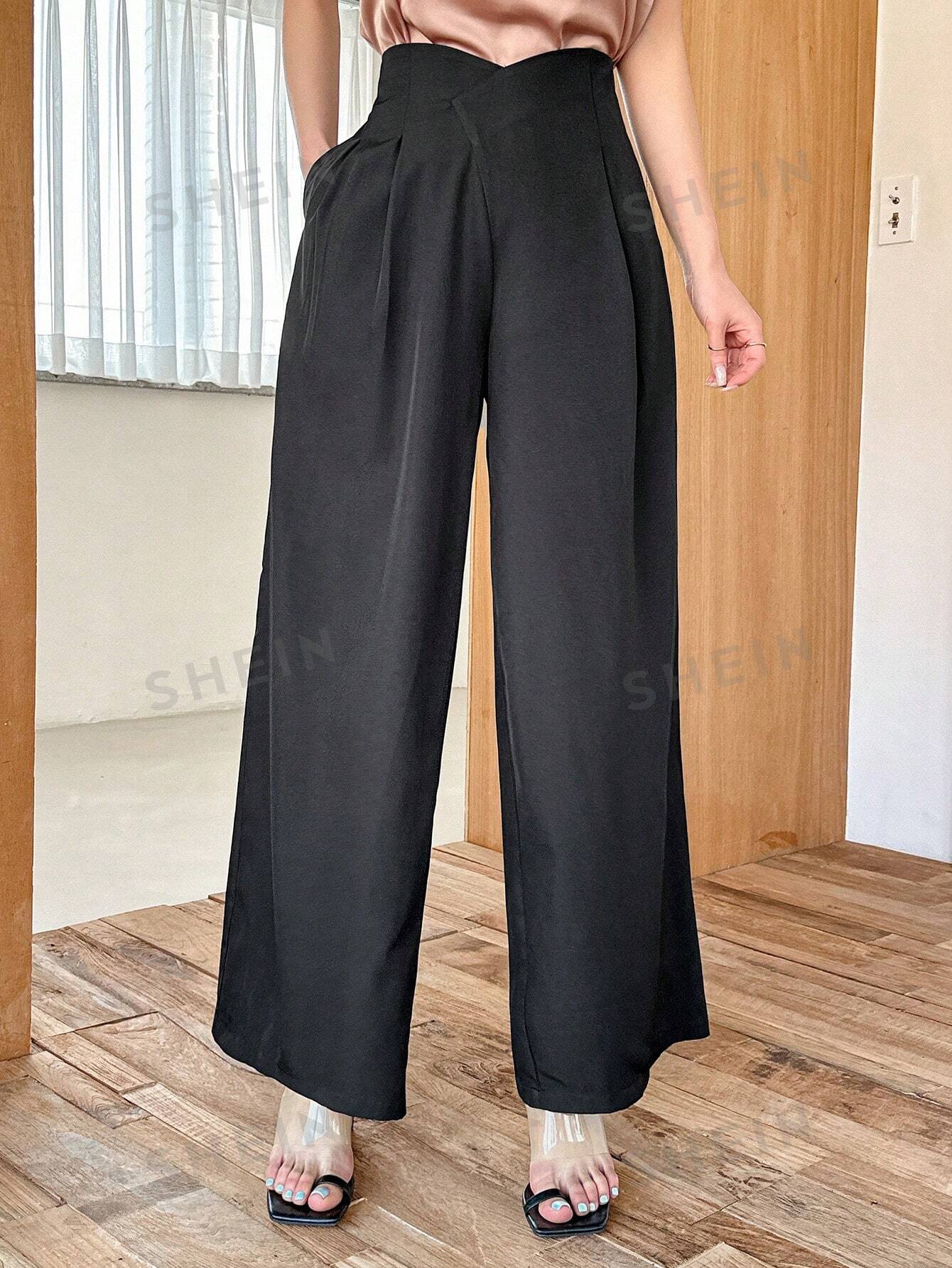 Women's Irregular Waist High Waisted Pleated Long Wide Leg Suit Pants - Negative Apparel