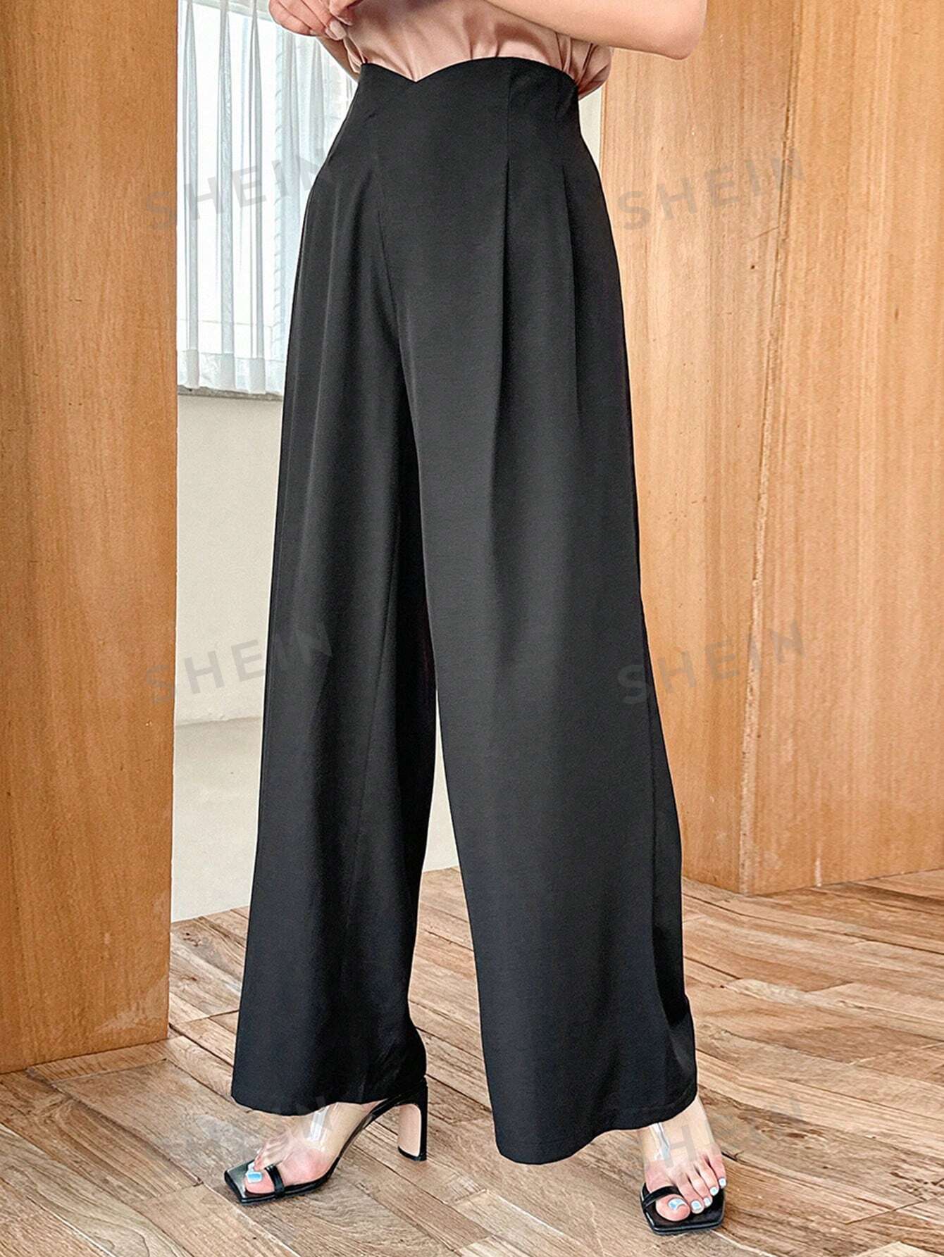 Women's Irregular Waist High Waisted Pleated Long Wide Leg Suit Pants - Negative Apparel