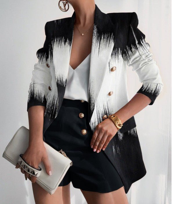 Women's jacket season printed small suit slim fit fashion short double - breasted tops for women - Negative Apparel