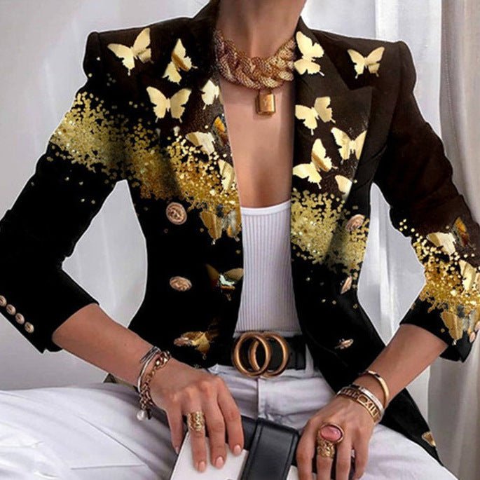 Women's jacket season printed small suit slim fit fashion short double - breasted tops for women - Negative Apparel