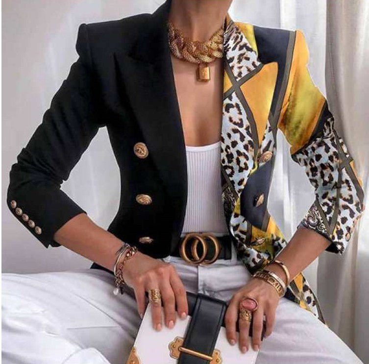 Women's jacket season printed small suit slim fit fashion short double - breasted tops for women - Negative Apparel
