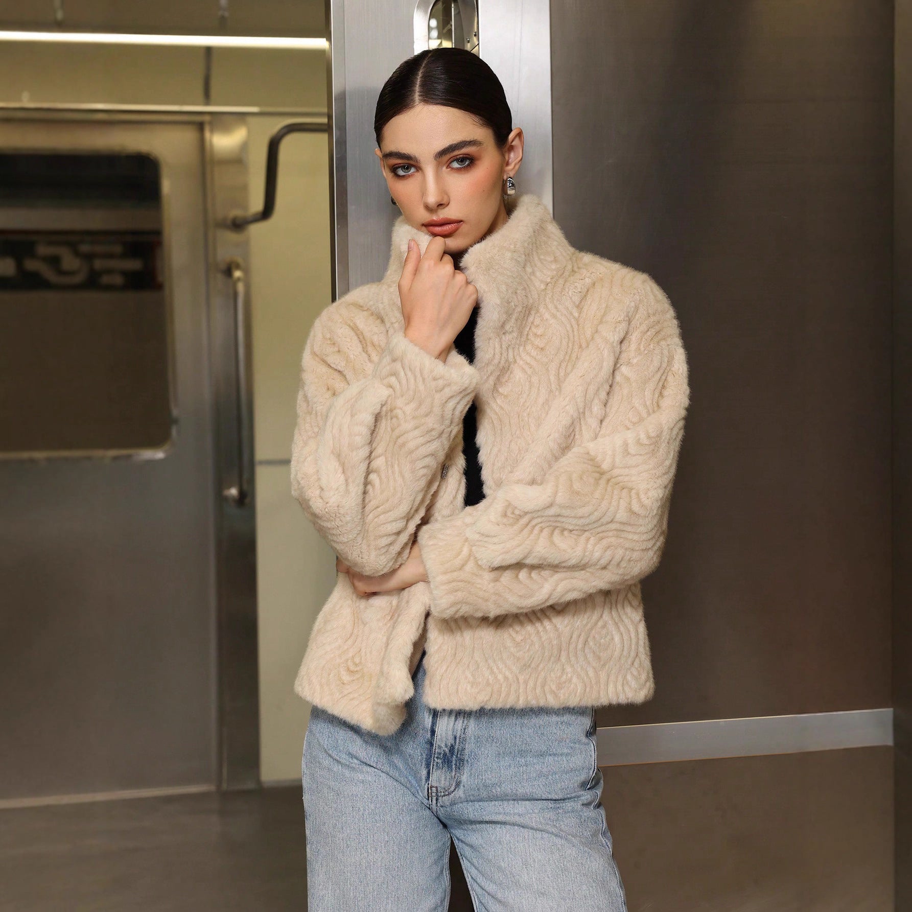 Women’s Khaki Faux Fur Jacket – Semi - Turtleneck Korean Casual Coat - Negative Apparel