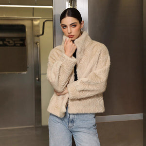 Women’s Khaki Faux Fur Jacket – Semi - Turtleneck Korean Casual Coat - Negative Apparel