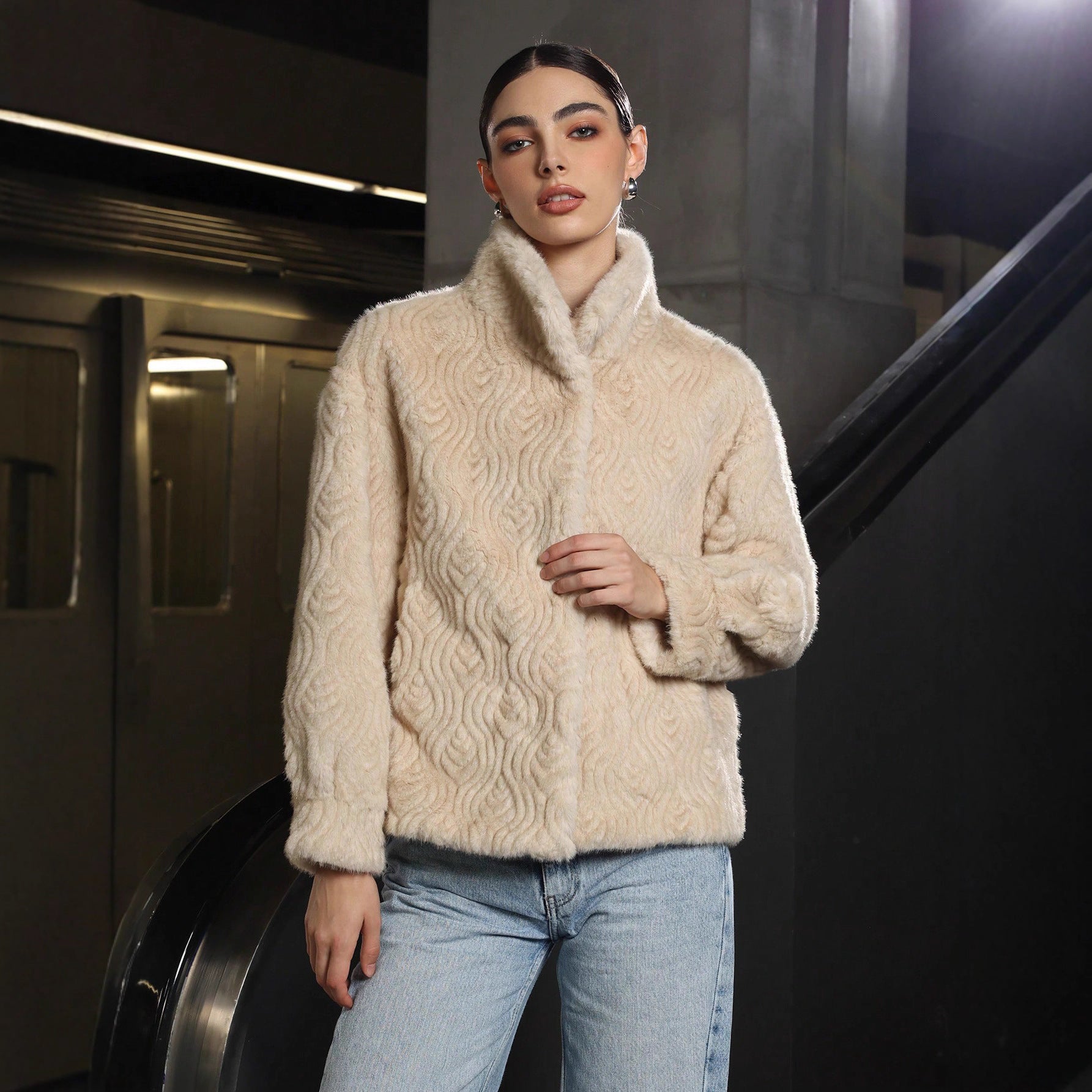 Women’s Khaki Faux Fur Jacket – Semi - Turtleneck Korean Casual Coat - Negative Apparel