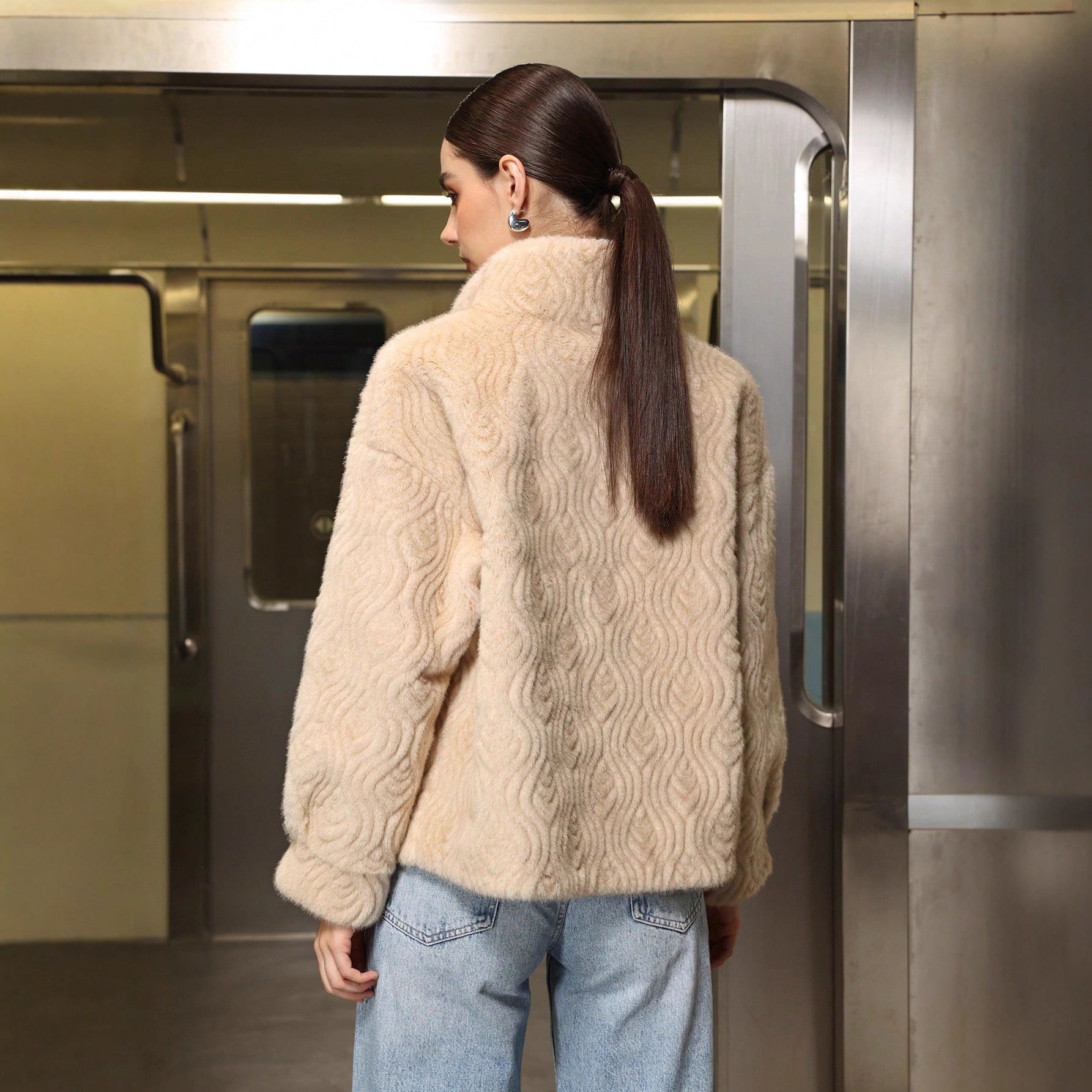 Women’s Khaki Faux Fur Jacket – Semi - Turtleneck Korean Casual Coat - Negative Apparel