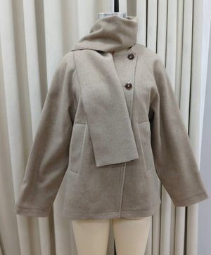 Women's Khaki V - Neck Jacket with Removable Scarf Collar – Japanese & Korean Casual Loose - Fit Polyester Jacket - Negative Apparel