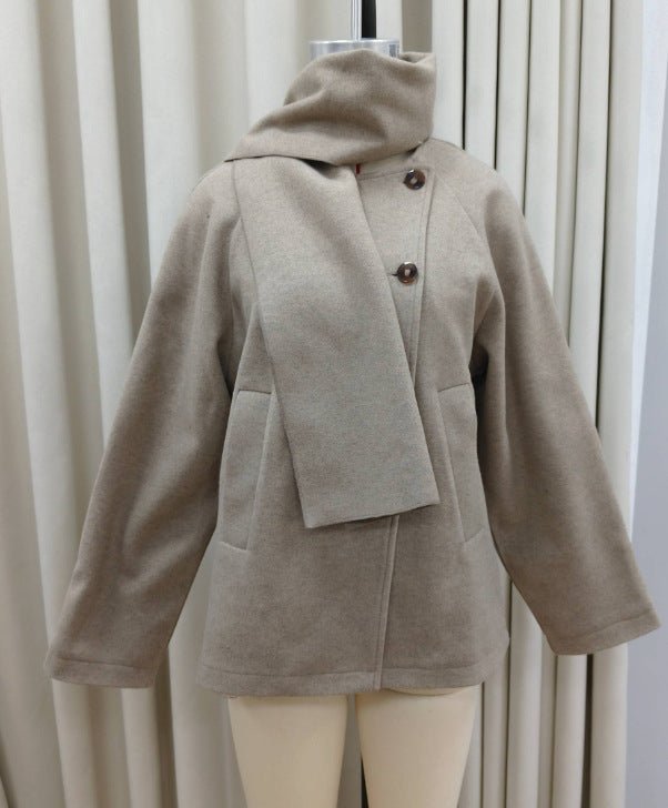 Women's Khaki V - Neck Jacket with Removable Scarf Collar – Japanese & Korean Casual Loose - Fit Polyester Jacket - Negative Apparel