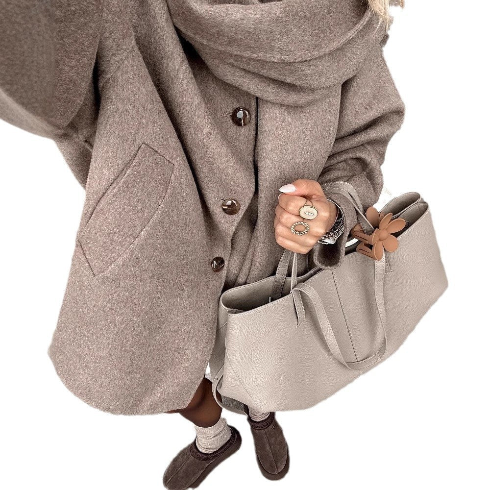 Women's Khaki V - Neck Jacket with Removable Scarf Collar – Japanese & Korean Casual Loose - Fit Polyester Jacket - Negative Apparel