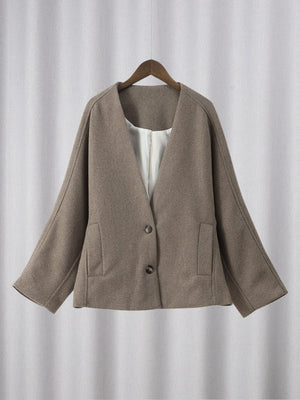 Women's Khaki V - Neck Jacket with Removable Scarf Collar – Japanese & Korean Casual Loose - Fit Polyester Jacket - Negative Apparel