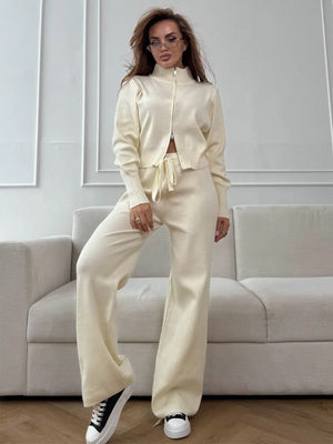 Women’s Knit Zipper Two - Piece Set | Solid Color Long Sleeve Top & Pants | Autumn 2025 - Negative Apparel