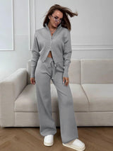 Women’s Knit Zipper Two - Piece Set | Solid Color Long Sleeve Top & Pants | Autumn 2025 - Negative Apparel